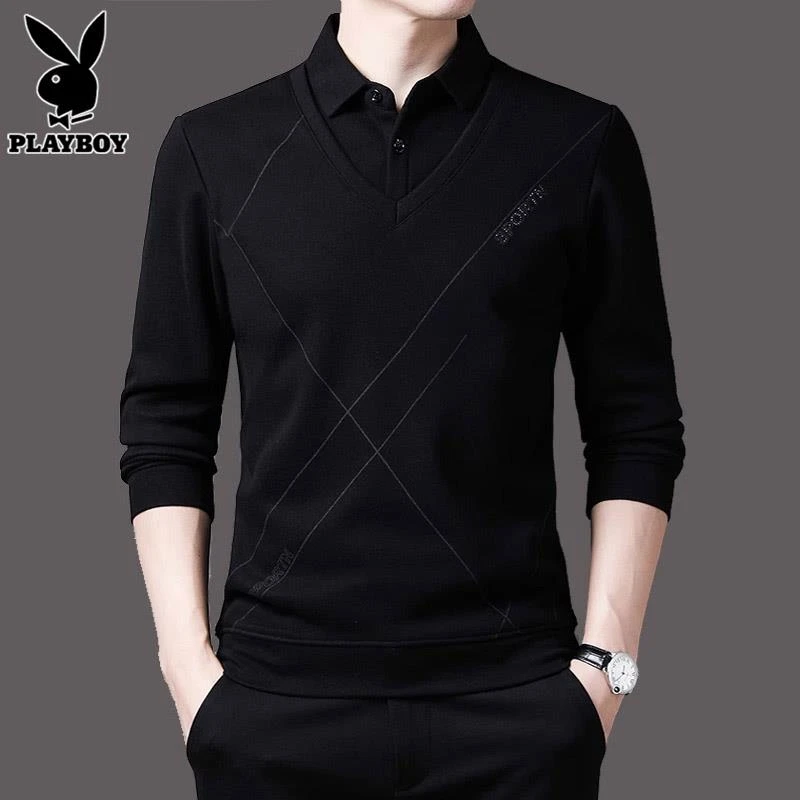 花花公子假两件T恤男士春秋款新款美式时尚潮流休闲内搭针织衫男