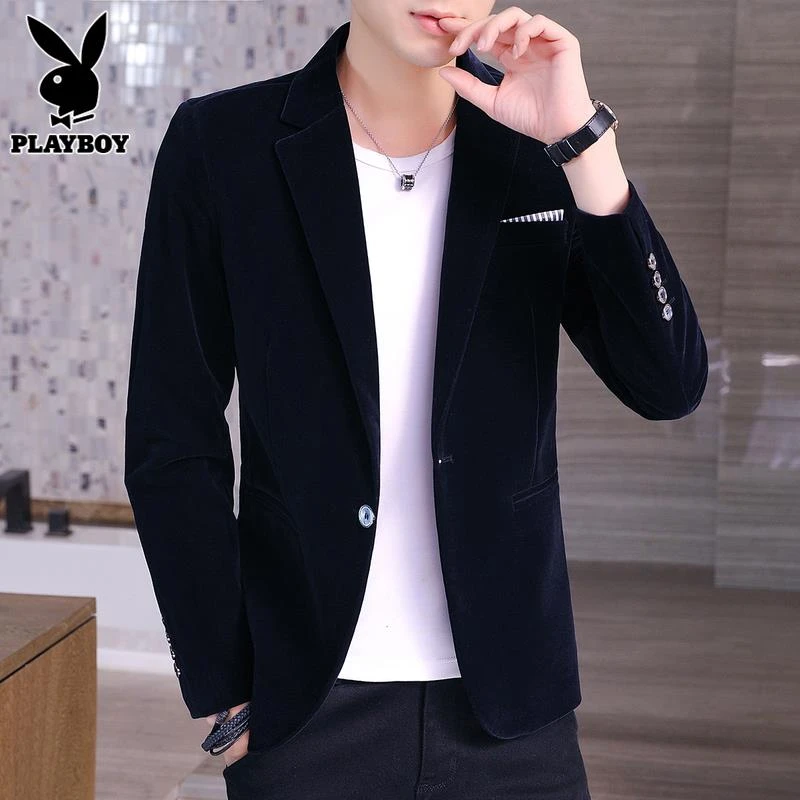花花公子金丝绒小西装男士痞帅休闲修身秋季潮流黑色单西服外套男
