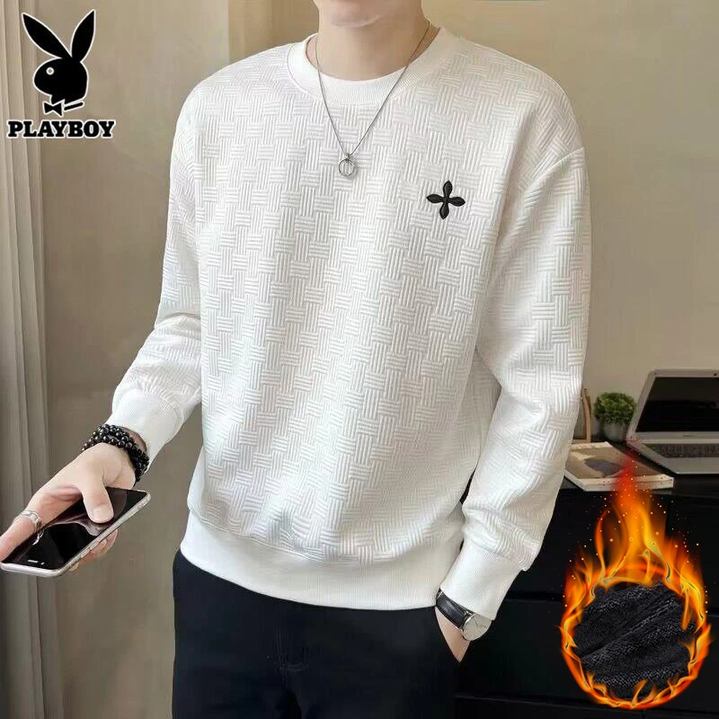 花花公子男士长袖t恤秋冬款圆领打底衣服潮牌休闲套头加绒卫衣男