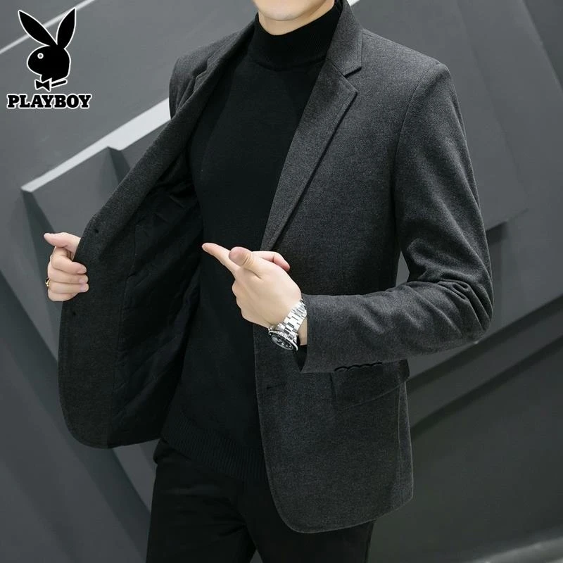 花花公子秋季西服男士潮流加棉毛呢子单西休闲帅气小西装外套男款
