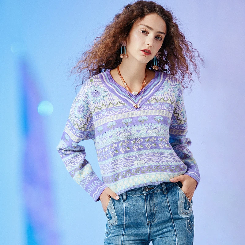 【莲灿】秋冬时尚休闲长袖V领浪漫提花条纹针织套头毛衣7121434010