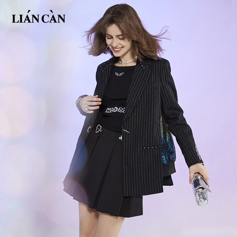 莲灿秋冬设计师2024黑色竖条纹撞色毛呢外套大衣71AW362005