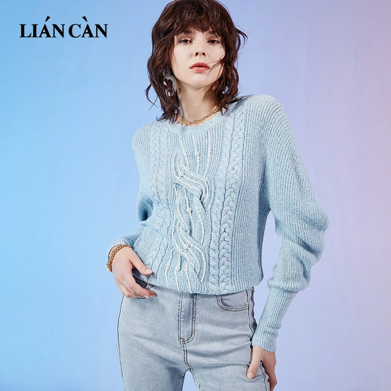 【莲灿】2024春新减龄圆领拼接刺绣蕾丝花边针织毛衣7121434017