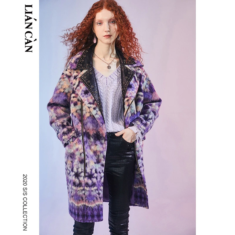 【莲灿2024秋冬新款印花双层脱卸领烫钻毛呢长大衣女7120463002