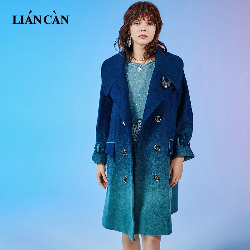 【莲灿2024秋冬新款款双排扣绣花毛呢大衣外套设计师7121463004