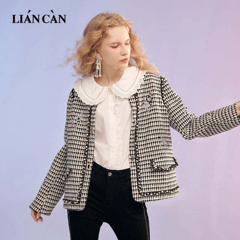 莲灿秋冬新复古小香风粗花呢千鸟格短款毛呢外套大衣女7123162002