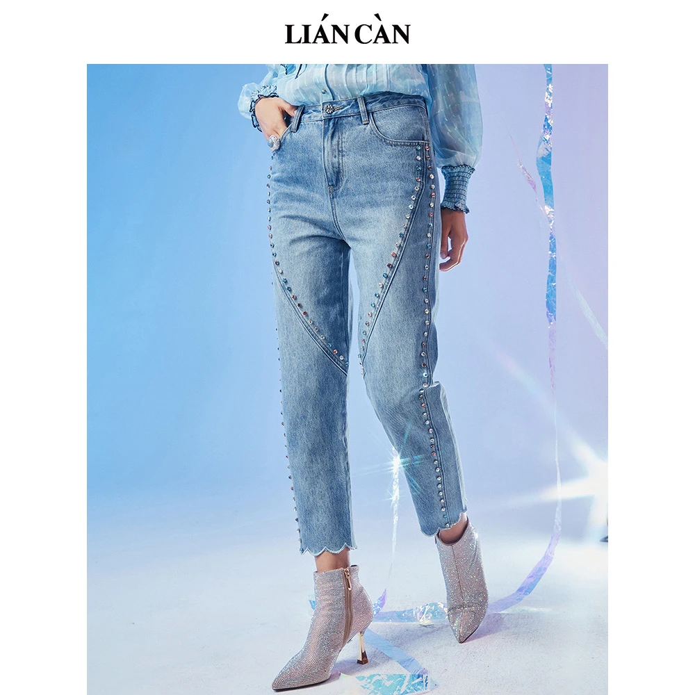 莲灿2024设计感百搭修身显瘦直筒拼接钉钻女九分牛仔裤7121344001