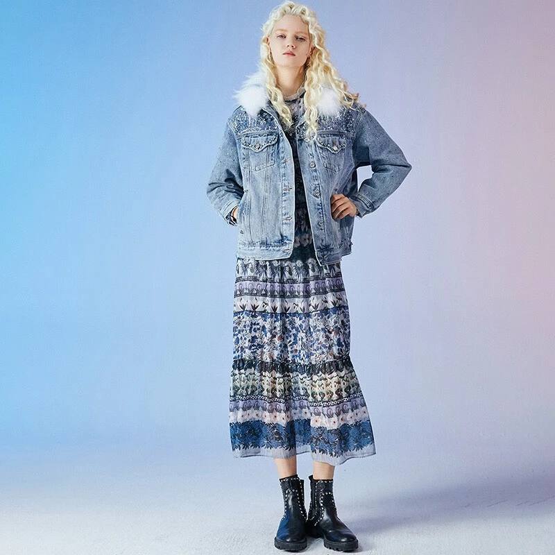 【莲灿】2024秋冬季新款可拆卸毛领刺绣缝钻牛仔棉服外套7121477006