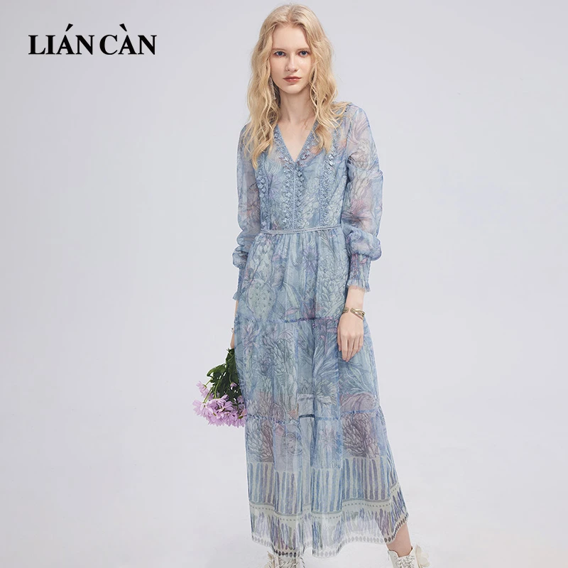 莲灿2024春夏新浪漫波西米亚风时尚蕾丝长袖连衣裙7123120001