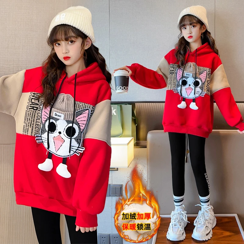 女童长袖卫衣加厚加绒秋冬款中大童连帽上衣红色儿童打底衫拜年服