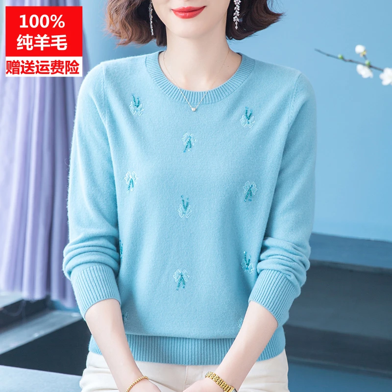 100%纯羊毛妈妈装秋冬毛衣圆领中老年女人秋冬大码纯色上衣打底衫