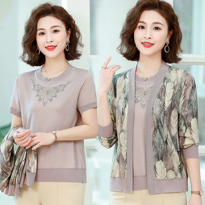 春季妈妈新款针织打底两件套薄款短袖开衫中老年人女宽松T恤套装