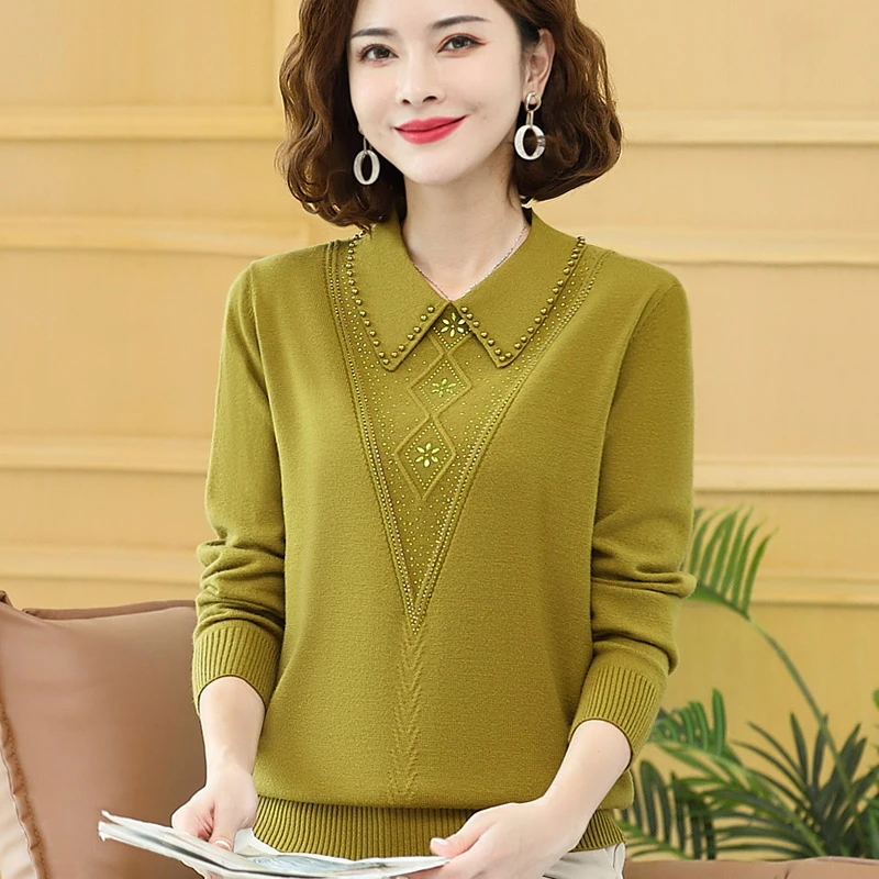 洋气妈妈装春秋翻领针织小衫2023新款高贵冬季毛衣中老年打底衫女