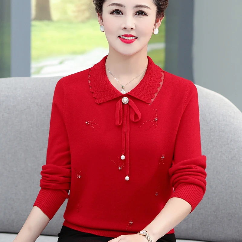 兔年本命年红色妈妈装毛衣100纯羊毛系带领打底衫中老年人女上衣