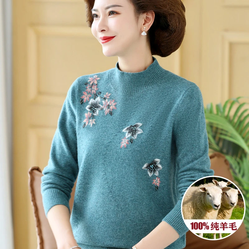 羊毛衫女100%纯羊毛中老年半高领秋冬季中年妈妈绣花毛衣女打底衫
