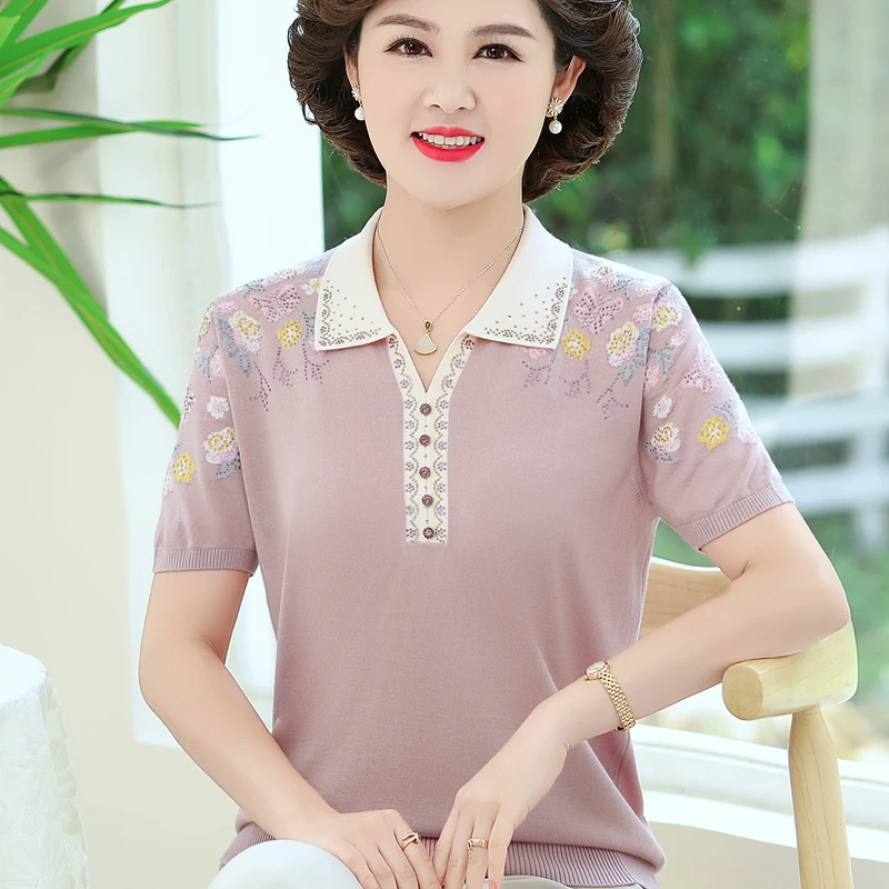 中年妈妈夏装新款短袖大码冰丝t恤小衫50岁中老年女透气上衣薄款