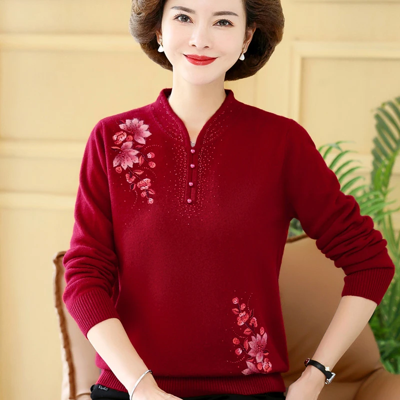 本命年红色妈妈毛衣中老年女冬装100羊毛打底衫旗袍喜庆过年上衣