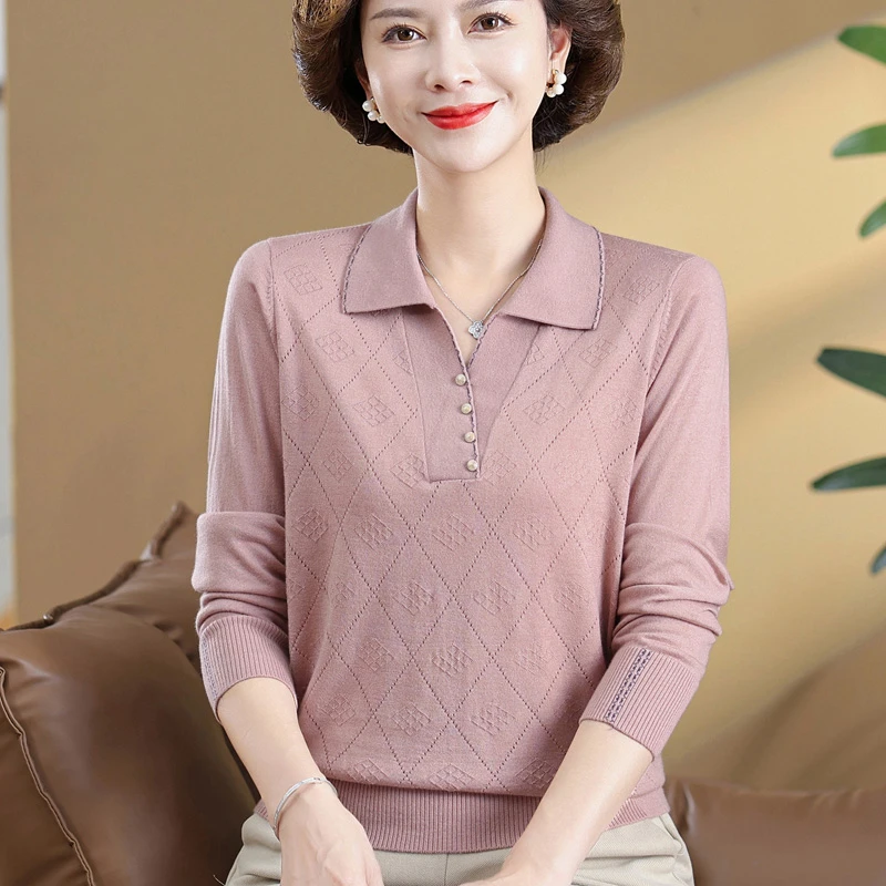 中年妈妈秋装翻领针织上衣洋气打底小衫中老年女春秋宽松大码毛衣
