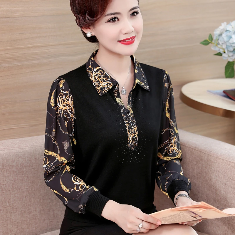 妈妈秋装长袖上衣2023新款洋气中年女春秋打底衫中老年人雪纺T恤