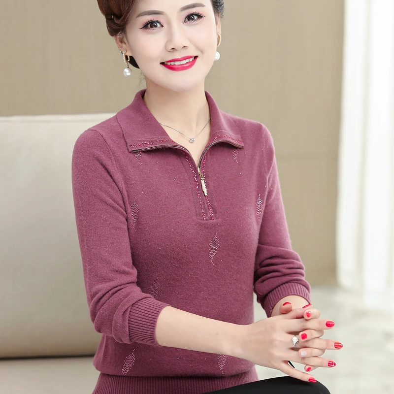 中老年羊毛衫女100纯羊毛中年妈妈秋冬装翻领大码毛衣羊毛打底衫