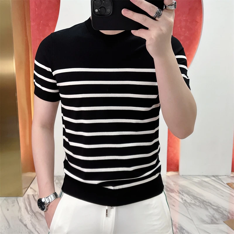 2025夏季新款修身帅气弹力条纹圆领针织薄款短袖T恤男潮针织半袖