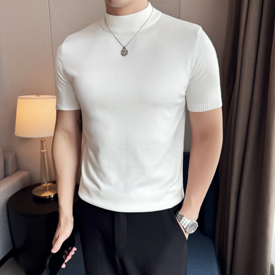 男装韩版修身男士半高领短袖T恤型男紧身弹力针织衫中领打底线衫