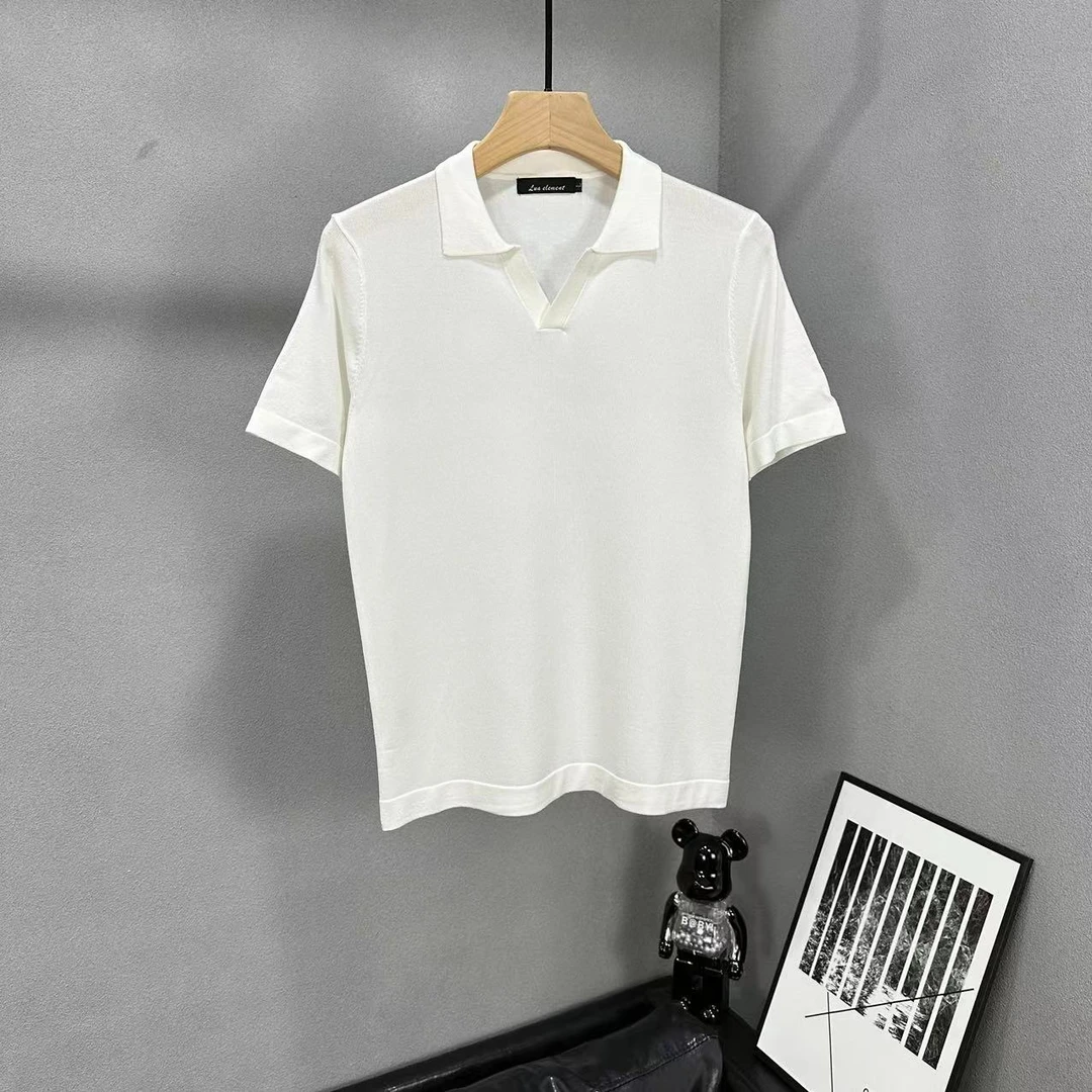 2025夏季极简纯色八字领翻领t恤男短袖英伦时尚针织冰丝polo衫男