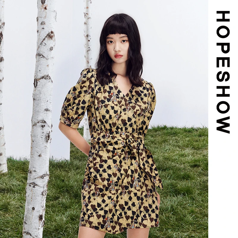 【V&A联名款】HOPESHOW红袖 泡泡袖系带连衣裙 89122251602