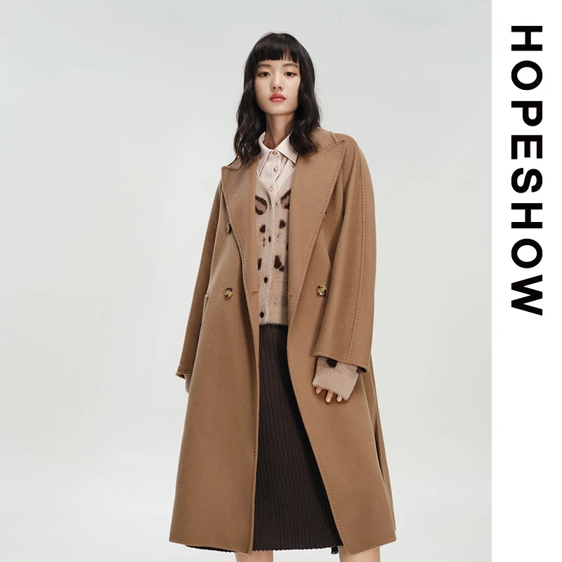 HOPESHOW红袖 侧高开叉双面呢长大衣 89122410805