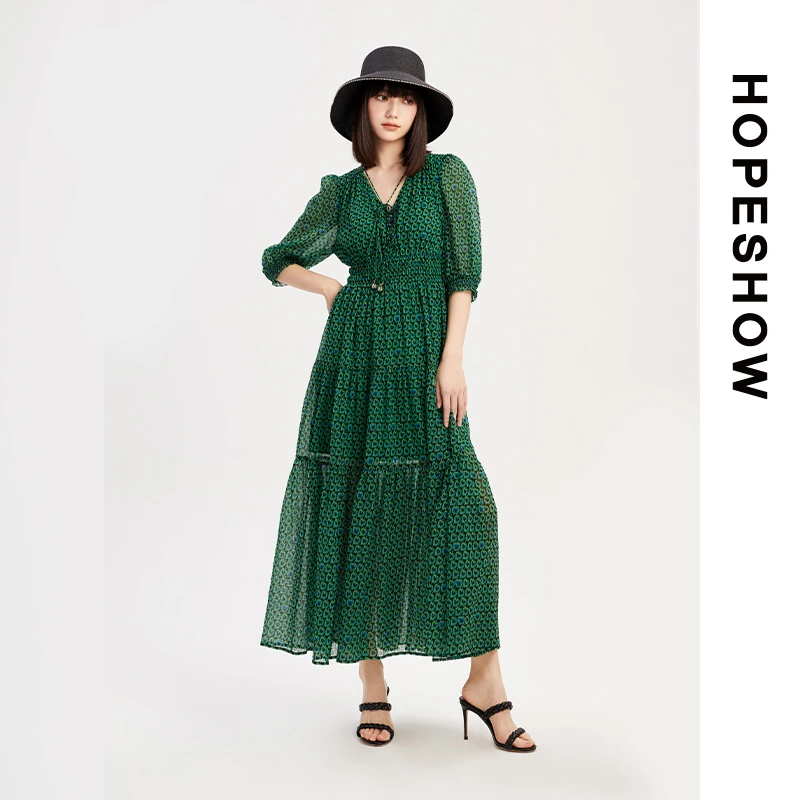 【达人专属】HOPESHOW红袖 气质复古压皱连衣裙 89123171612