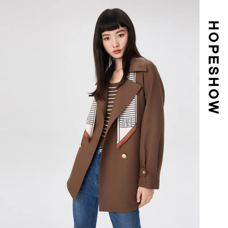 HOPESHOW红袖 可拆卸丝巾简约中长风衣 89123330702