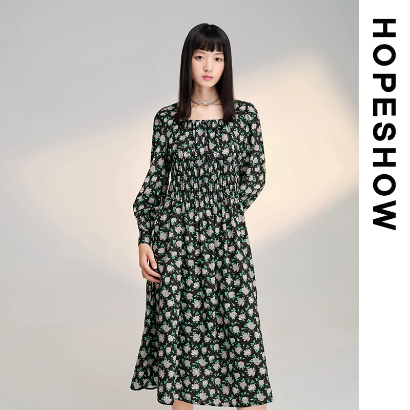 HOPESHOW红袖 气质浪漫碎花长连衣裙 89123021605