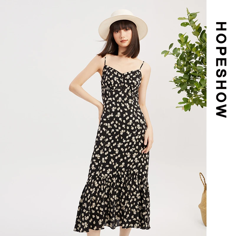 HOPESHOW红袖 优雅写意碎花吊带连衣裙 89123131603