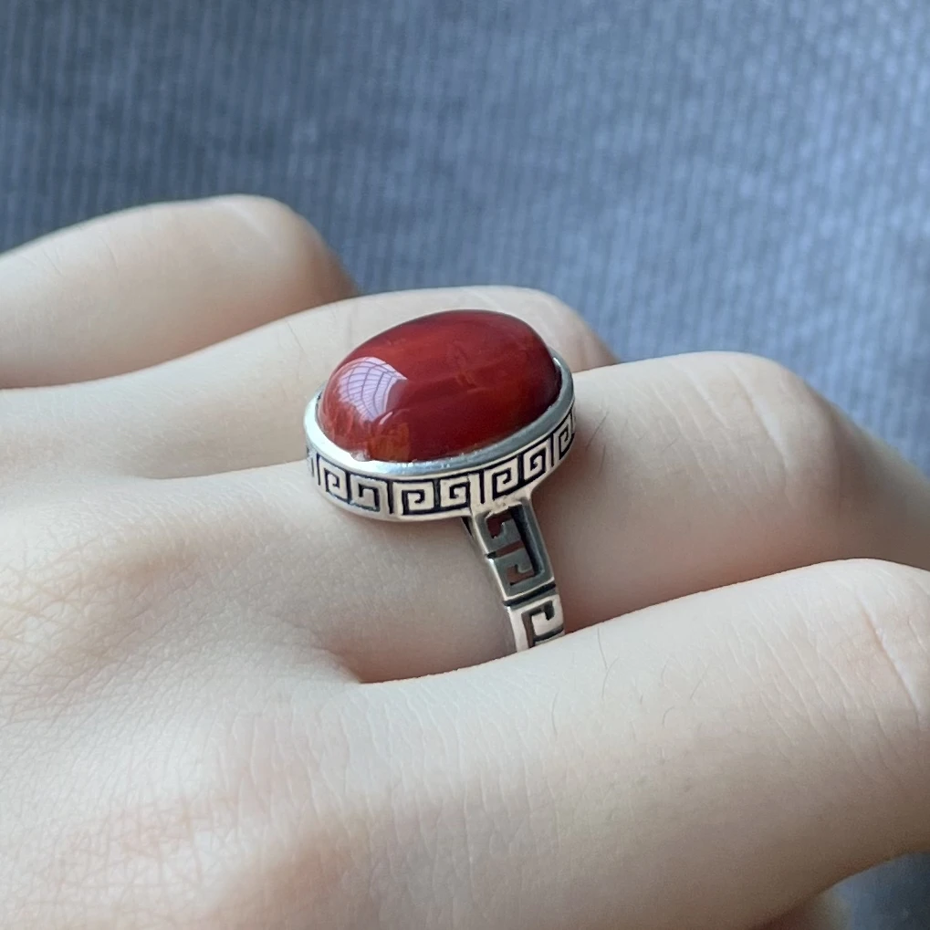 【福玺珠宝】南红蛋面镶嵌s925银戒指0115