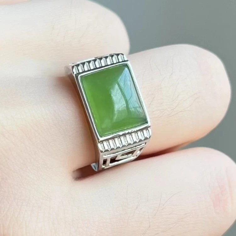 【福玺珠宝】和田玉碧玉镂空款方戒时尚开口戒