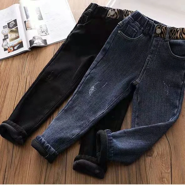 女童加绒牛仔裤秋冬儿童加厚一体绒弹力修身保暖中大童修身休闲裤