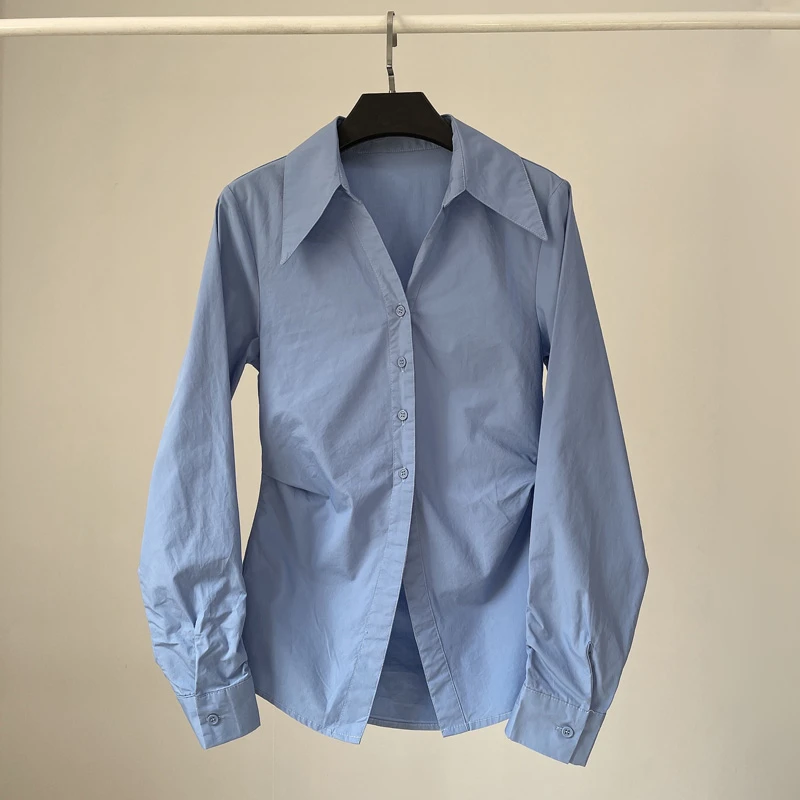 韩版设计感尖领中长款衬衫女欧美春秋修身显瘦收腰翻v领蓝色上衣