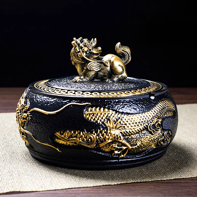 创意大号烟灰缸带盖简约家用办公室桌面摆件新中式防飞灰烟盅送礼