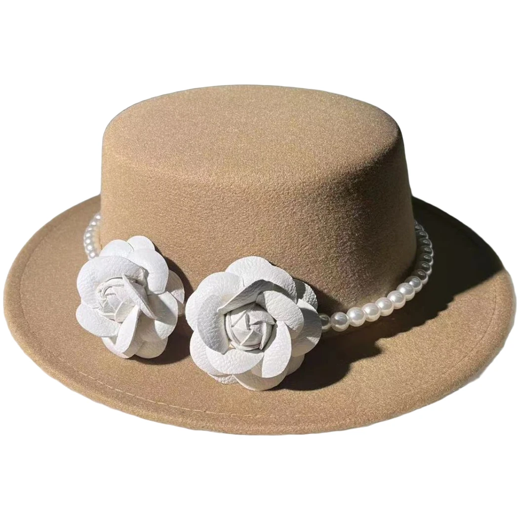 法式复古珍珠花朵毛呢平顶礼帽秋冬季赫本风大檐街拍英伦毛呢帽子