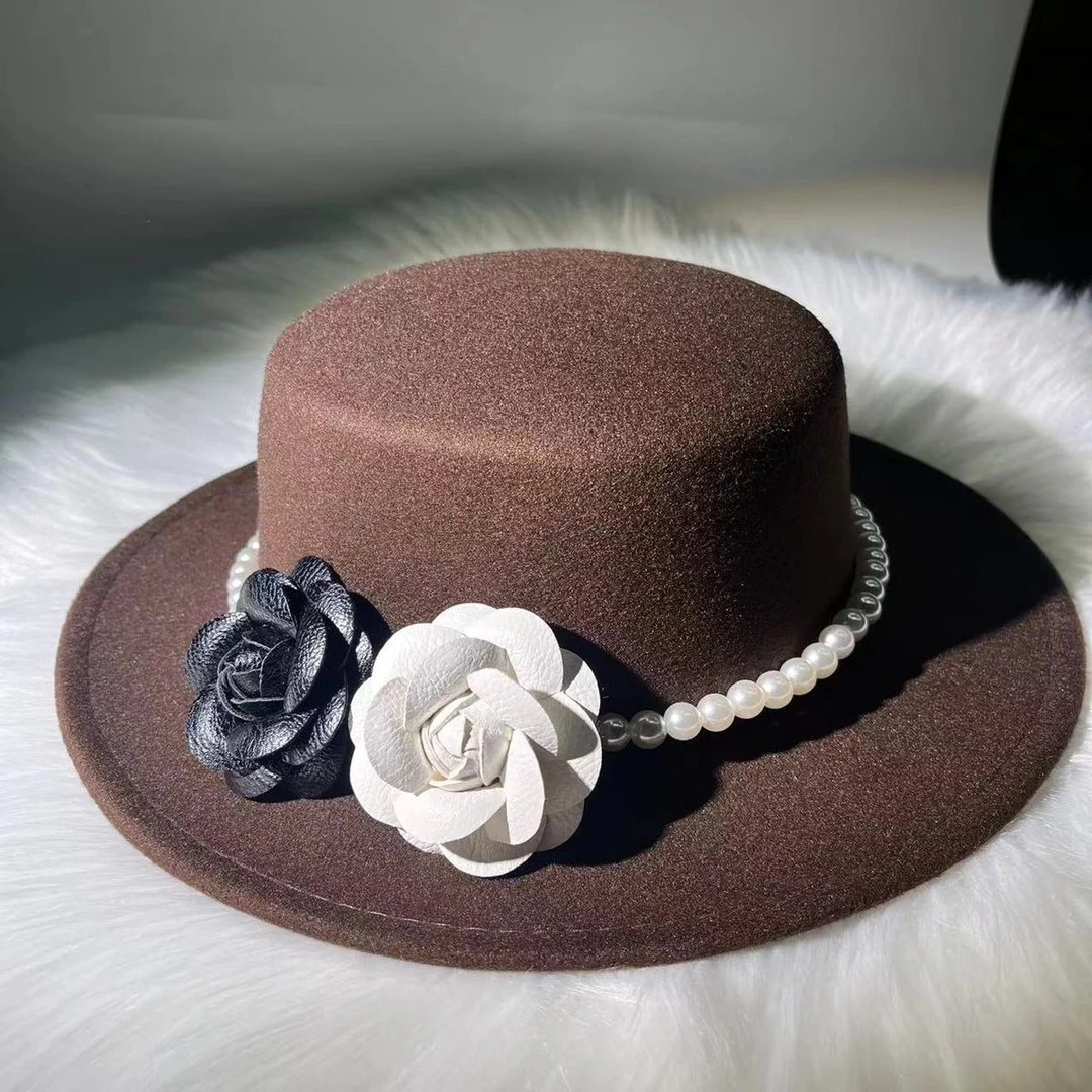 法式洋气大檐礼帽优雅复古赫本风英伦珍珠大沿帽新款新娘拍照帽子