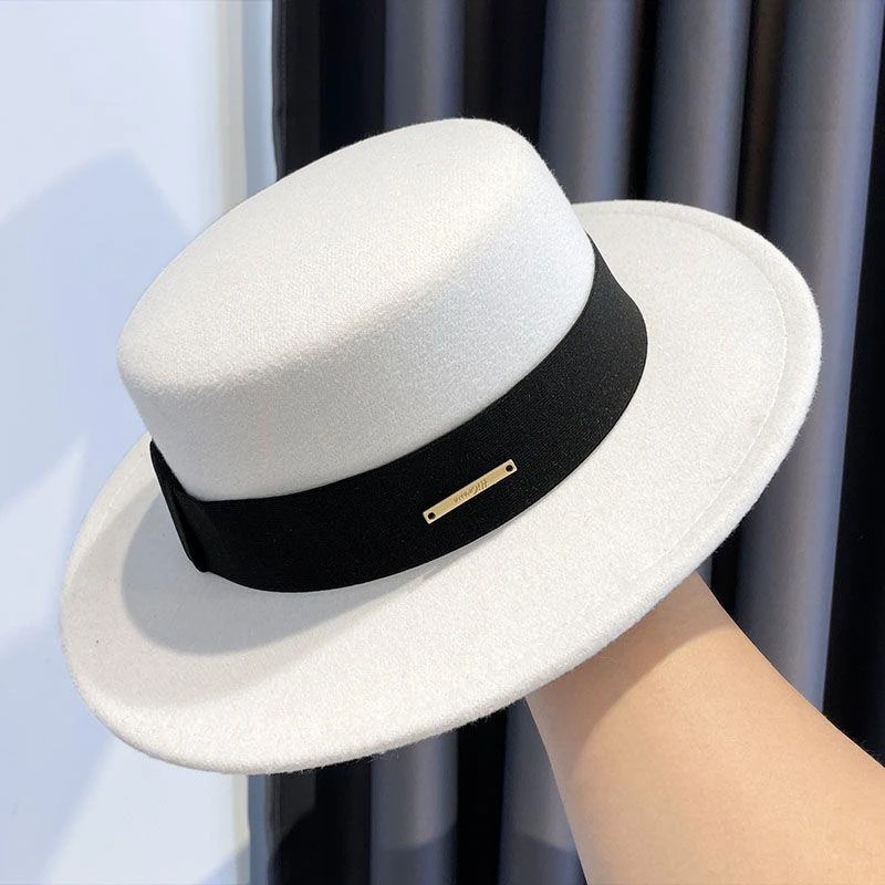 法式高品质平顶毛呢礼帽英伦风帽子女秋冬气质简约平沿百搭爵士帽