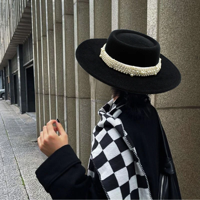 赫本风法式凹凸顶毛呢帽秋冬新款平顶毛毡帽英伦复古风大檐礼帽子