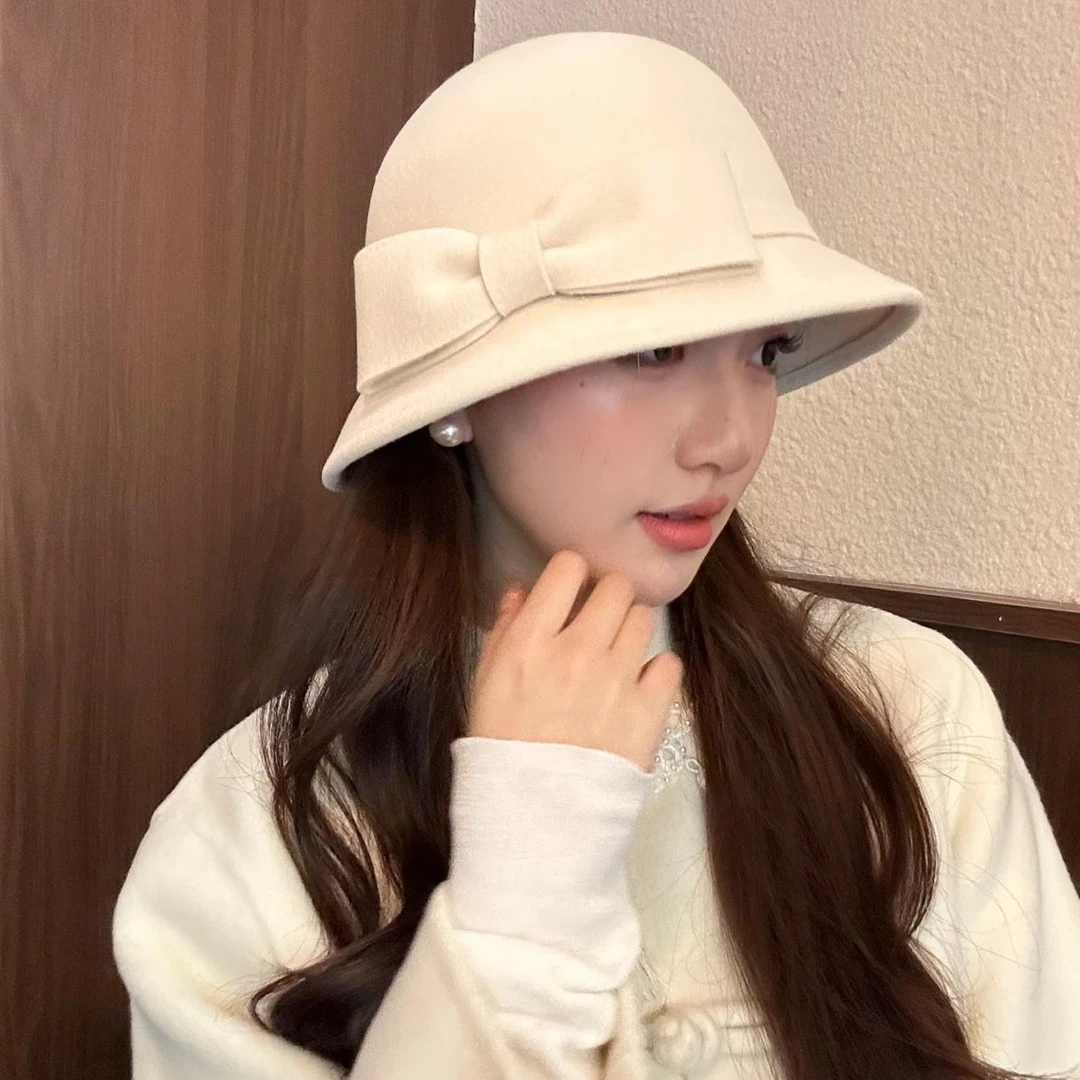 赫本风优雅毛呢盆帽女秋冬小香风蝴蝶结保暖渔夫帽法式复古小礼帽