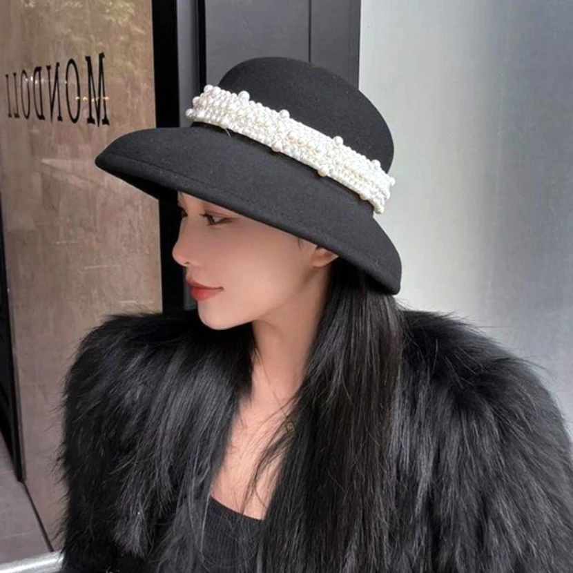 2023秋冬女款赫本风黑色珍珠羊毛呢盆帽网红优雅渔夫帽百搭礼帽子