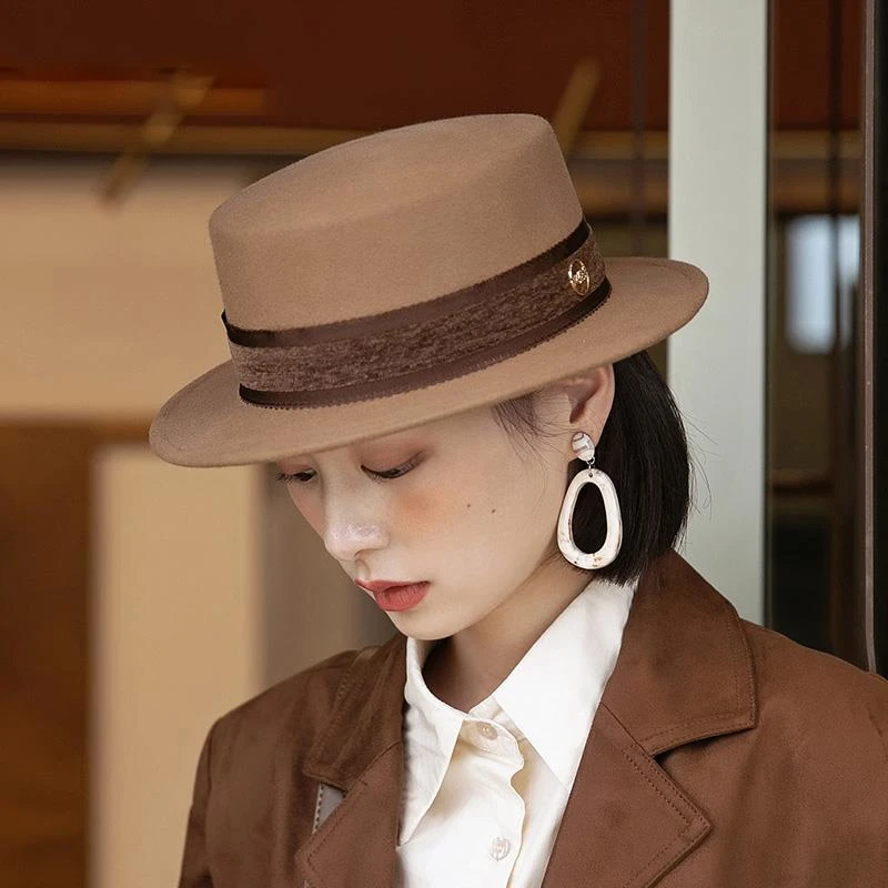 秋冬时尚百搭毛呢平顶帽气质网红新款英伦复古礼帽ins韩版爵士帽