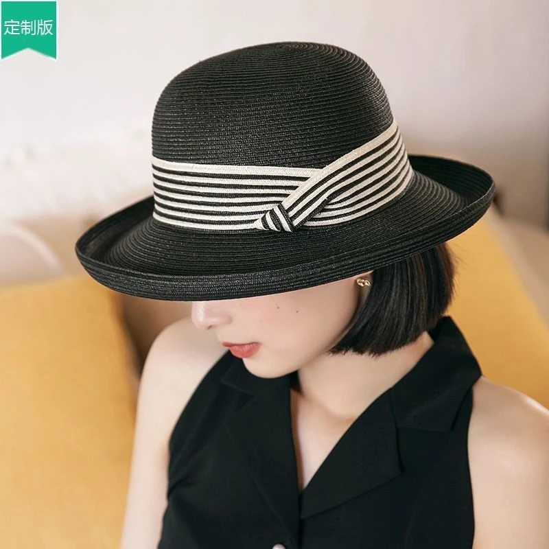 遮阳帽女夏天法式卷边帽英伦复古黑色帽春夏薄款可折叠太阳帽子