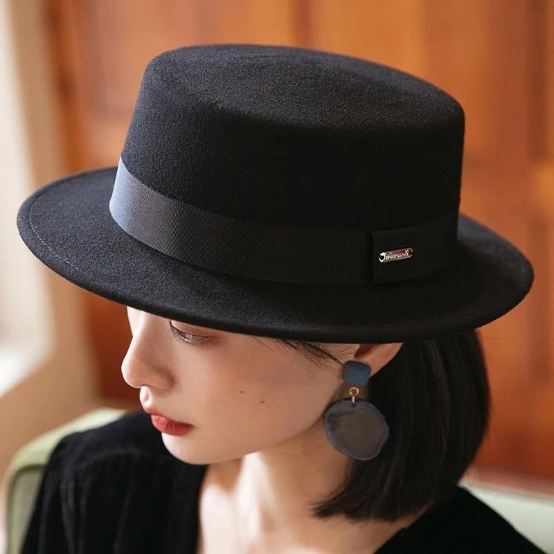 帽子女冬新款平沿礼帽女秋冬复古羊毛毡帽时尚百搭法式毛呢平顶帽