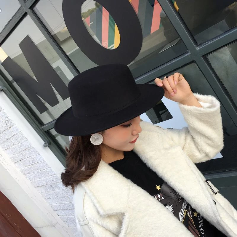 礼帽子2023网红爆款秋冬韩版英伦风复古绅士爵士帽平顶毛呢帽男女