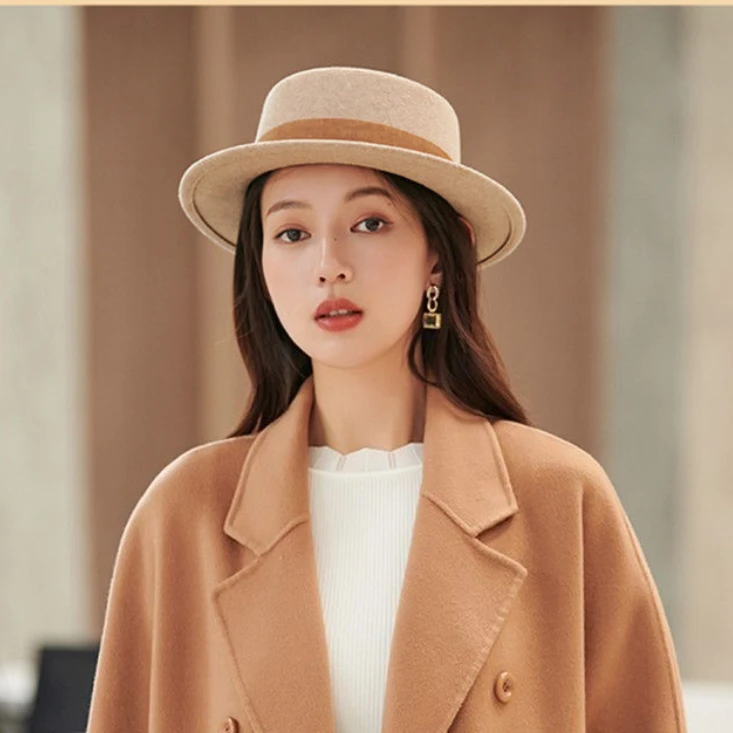 法式秋冬平顶礼帽女士2023新网红爆款英伦大头围百搭复古毛呢帽子