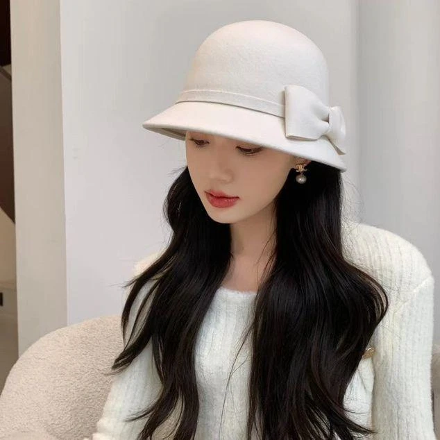 秋冬季羊毛呢蝴蝶结盆帽网红气质简约款小沿渔夫帽名媛优雅水桶帽